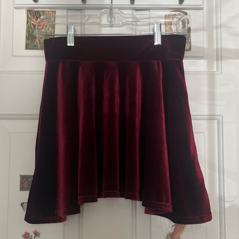 Red/Maroon Velvet Mini Pleated Skater Skirt Stretchy Waist Goth Grunge Punk Emo